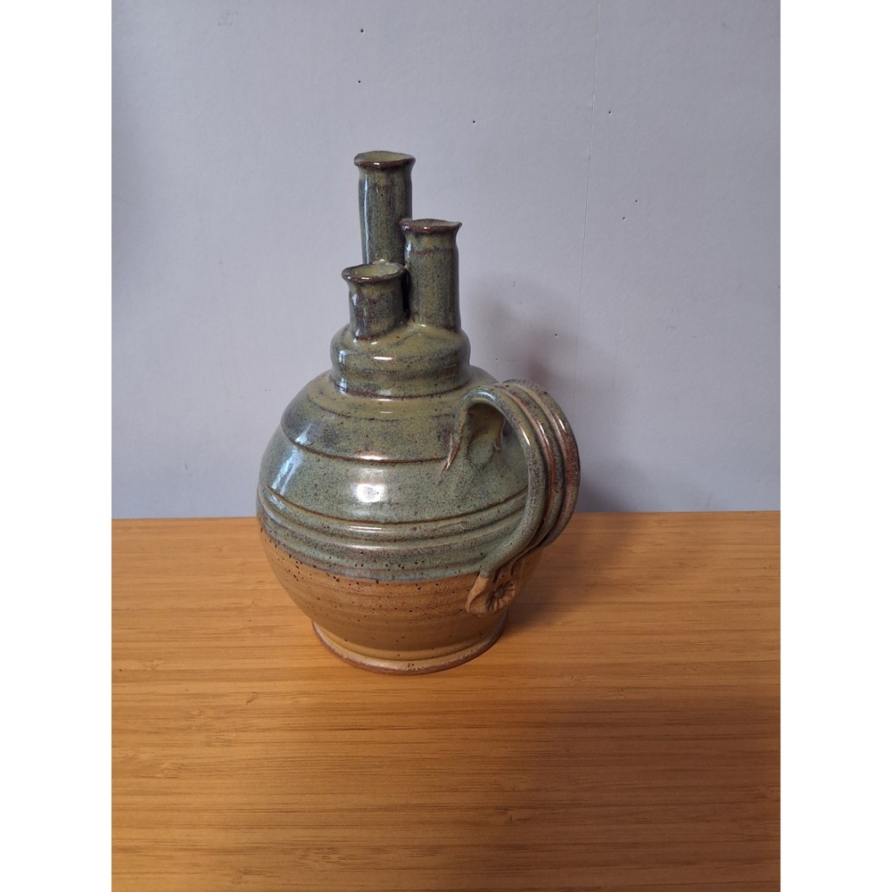 Paige Pottery Studio Art 3 Wick Oil Lamp With Handle. Signed, Approx. 7" Tall